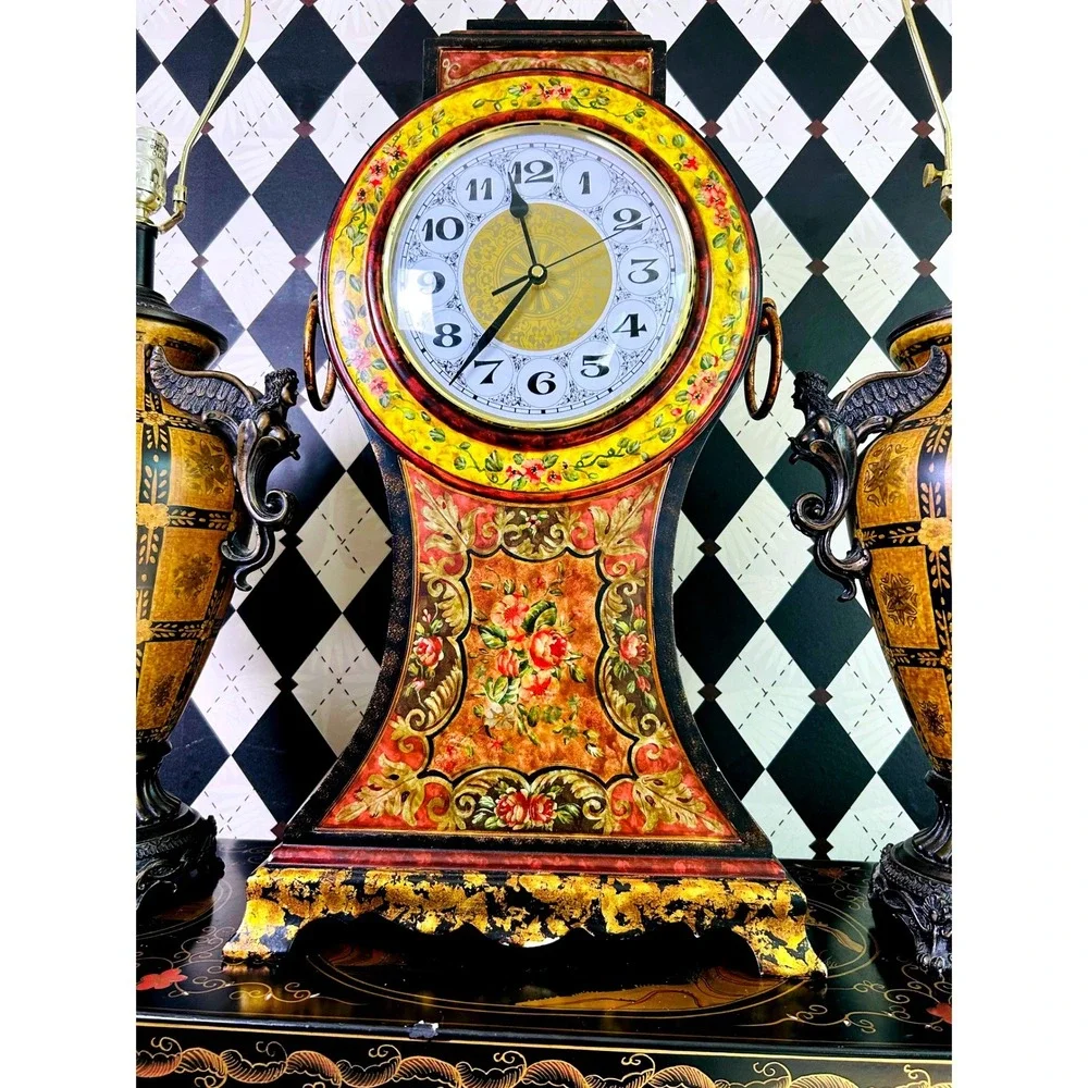 Oversized 2ft Tall Italian Florentine Style Mantel Clock Hand Painted